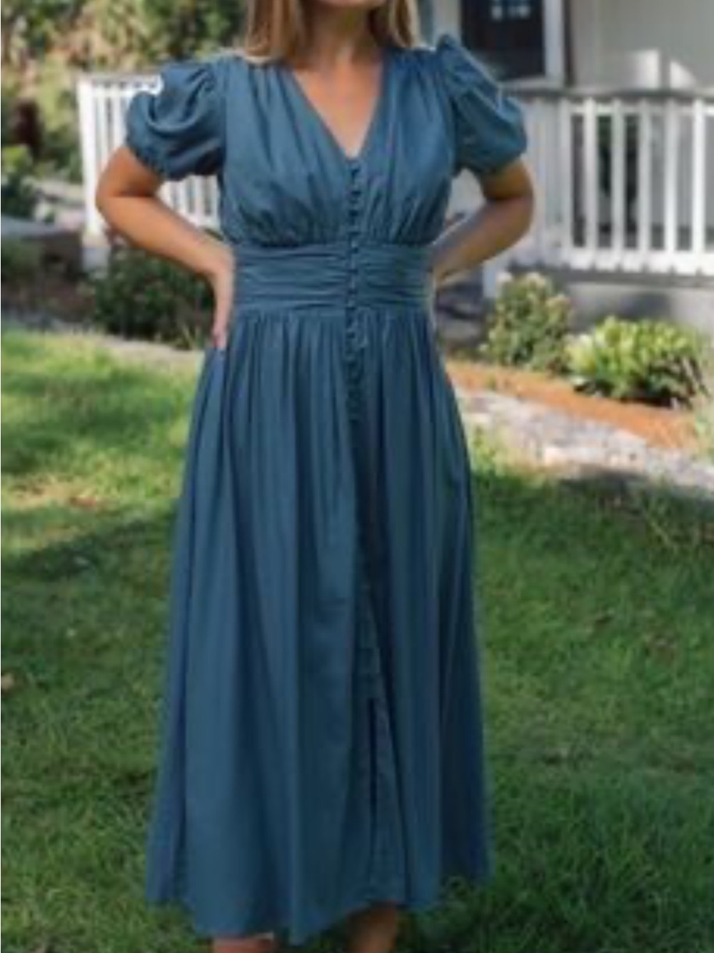 Neuflora : Women's Vintage-Inspired Blue Dress with Button Front